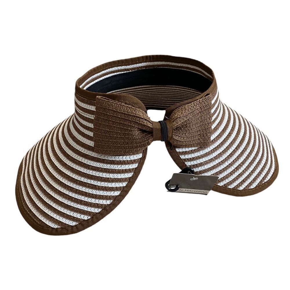 NWT Nicole‎ Marciano Brown & White Stripe Straw Hat with Bow